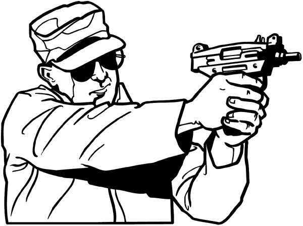 Modern soldier with small UZI sub-machine gun vinyl sticker. Customize on line. Wars and Terrorism 097-0155